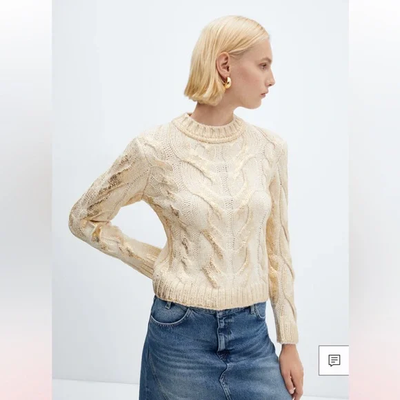NWT Mango Gold Foil Embellished Crew Neck Cable Knit Sweater M - Picture 1 of 8